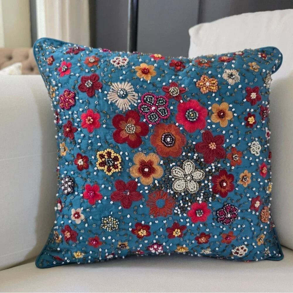 Pier 1 Imports Beaded Embroidered Floral Pillow Accent Pillow 14x14